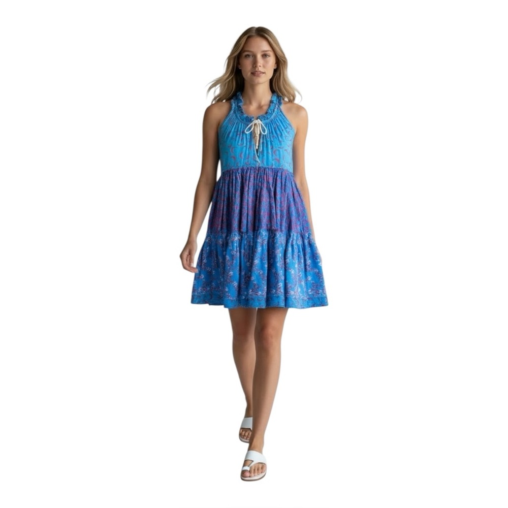 Yvonne S Tiered Crescent Moon Evil Eye Floral Boho Mini Dress